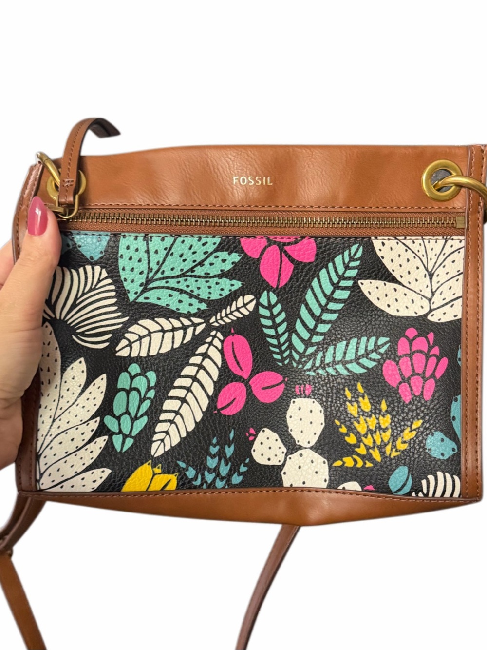 Fossil Leather Crossbody Bag Floral Print Canvas Brown Trim Zip Top Purse